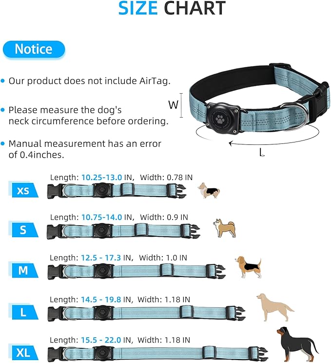 Upgraded AirTag Dog Collar, IP68 Waterproof Air Tag Dog Collar Holder, Reflective, Ultra-Durable, Comfortable Padded, Heavy Duty Dog Collars for Small Medium Large Dogs (L (14.8"-20.3"), LightBlue)-Mewly Pet