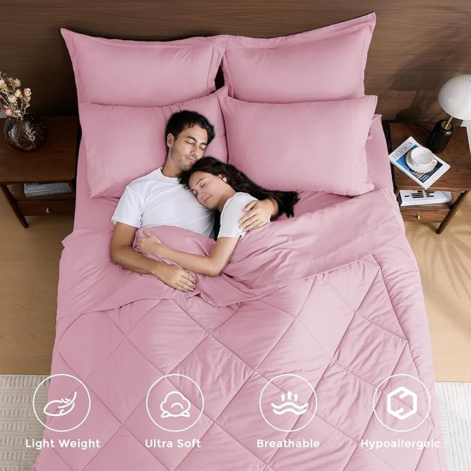 HEVUMYI Pink Queen Comforter Set - 7-Piece All Season Bed in a Bag Queen, Ultra Soft Bedding Set with Comforter, Flat Sheet, Fitted Sheet, Pillowcases, Pillow Shams, Pink