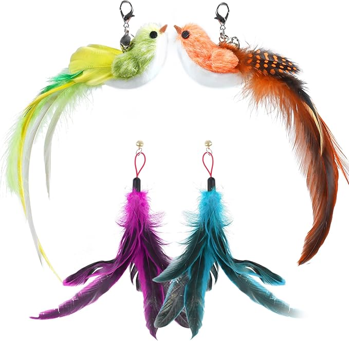 ROSAUI Interactive Cat Toy Replacements - Set of 4 Bird and Feather Attachments for Cat Teaser Wand - Lifelike Birds & Natural Feathers for Indoor Play - Ideal for Cats & Kittens-Mewly Pet