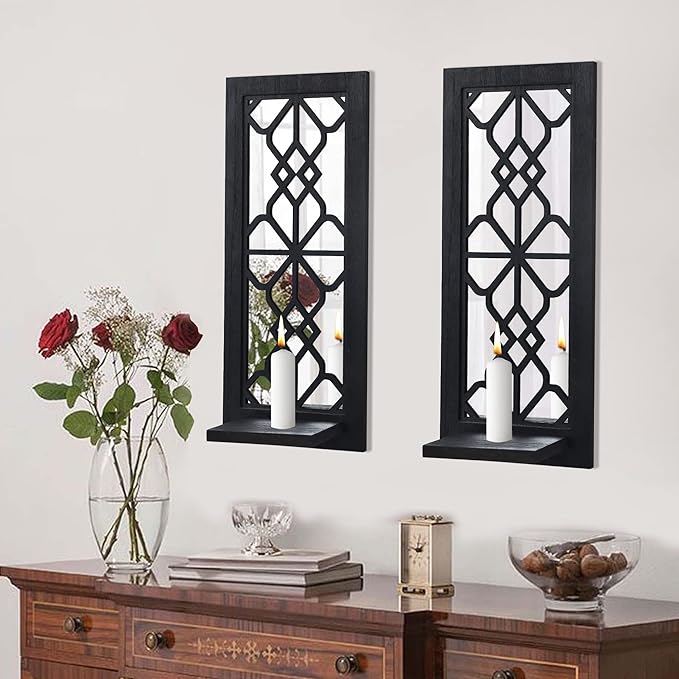 Wood Wall Sconce Candle Holder Set 2, Rustic, Wall-Mount, Farmhouse Hanging Wall Décor, Carved Wood Frame, Mirrored Candle Holder (Black)