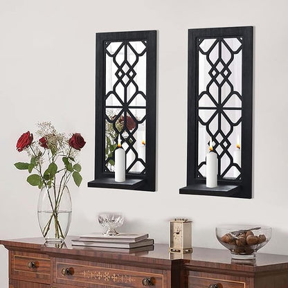 Wood Wall Sconce Candle Holder Set 2, Rustic, Wall-Mount, Farmhouse Hanging Wall Décor, Carved Wood Frame, Mirrored Candle Holder (Black)