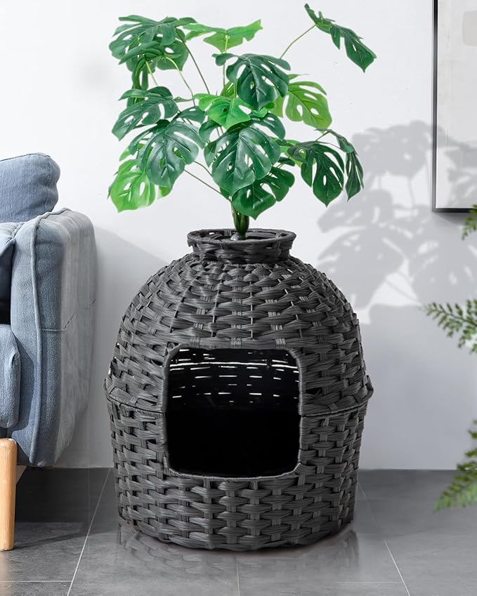 Cat Litter Box Plant Furniture Enclosure, Hidden Handwoven Rattan with Cat Litter Box and Artificial Plants, Odor Control Filter, Real Stones in Living Room, Bedroom, Corner (Black)-Mewly Pet
