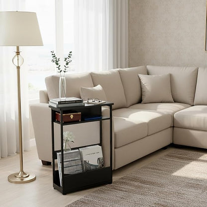 Vintage Narrow Side Table with Storage Shelf, 3 Tier Slim End Table Modern Sofa Table for Narrow and Small Spaces, 24.6 Inch Height Bedside Table Nightstand (Black, Large)