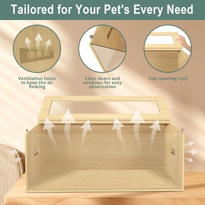 32" Hamster Habitat Enclosure, Top Opening Lockable Roof Door, Gerbil Dwarf Hamster Cage with Hygrometer, Chewproof Syrian Hamster Cage for Mice, Small Animal, (Wooden, 32" L x 16" W x 16" H)-Mewly Pet