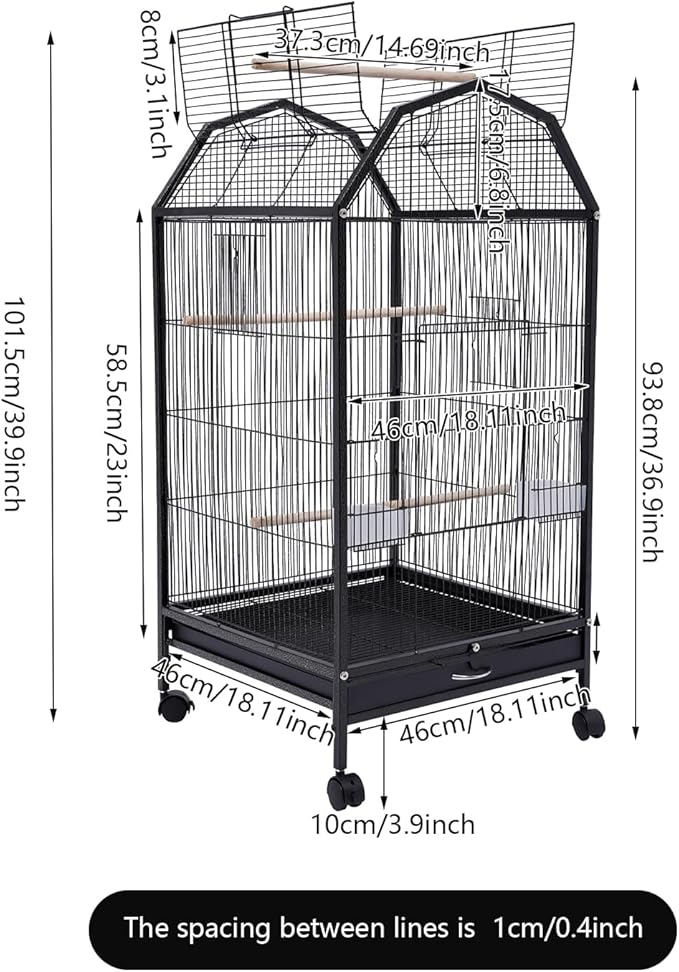 40-Inch Wrought Iron Bird Cage with Open-Top and Rolling Stand, Movable Parrot Cage Pet Bird Flight Cage, 360 Degree View Spacious Interactive Roof Pet Bird House for Medium&Small Birds-Mewly Pet