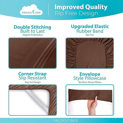 DREAMCARE Full Size Sheets Set - 6 Pcs Deep Pocket Cooling Bed Sheets - Soft, Long Lasting 100% Brushed Microfiber with Side Pocket (Mocha Brown, Full)