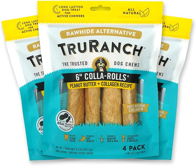 Collagen Rolls - 6" Collagen Rolls for Dogs - Long Lasting Healthy Joint Support - Rawhide Alternative - Skin & Coat Health - Made with Real Peanut Butter, Value Pack, 3 Bags, 12 Count-Mewly Pet