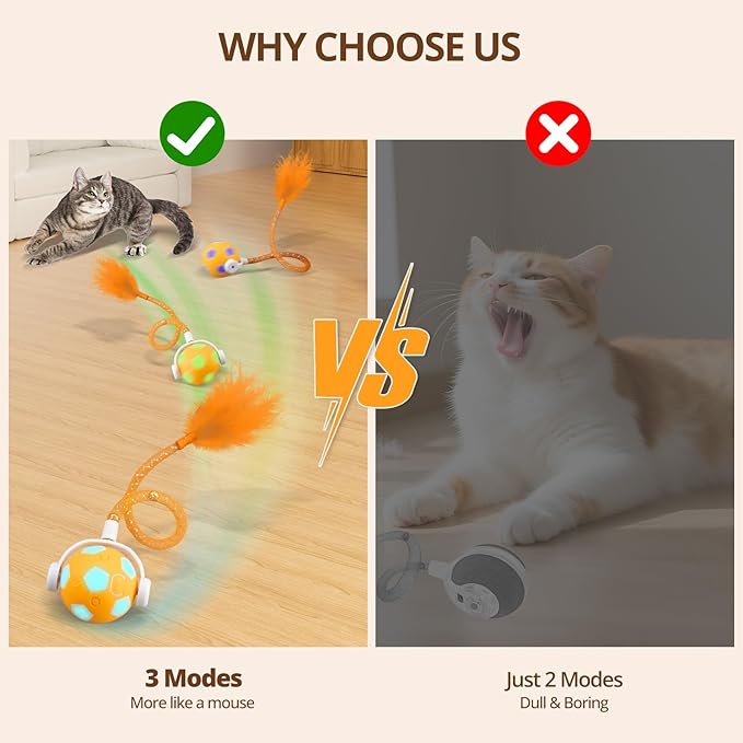 Cat Toy Ball,Interactive Cat Toy Ball with 3 Modes for Indoor Cat,The 2025 Generation Self Moving Cats Toy,Rolling Cats Toy with Feather & Bells for Bored Cats & Small dogs,Touch to Activate (Orange)-Mewly Pet