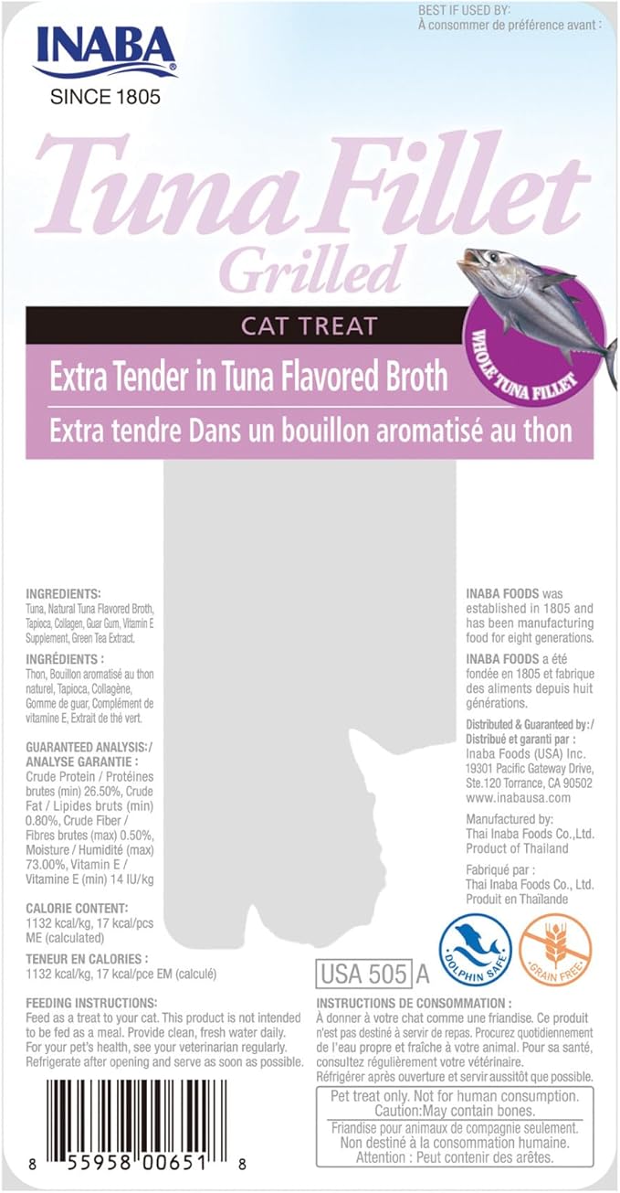 INABA Premium Hand-Cut Grilled Tuna Fillet Cat Treats/Topper with Vitamin E and Green Tea Extract, 0.52 Ounces Each, Pack of 6, Extra Tender Tuna Broth-Mewly Pet