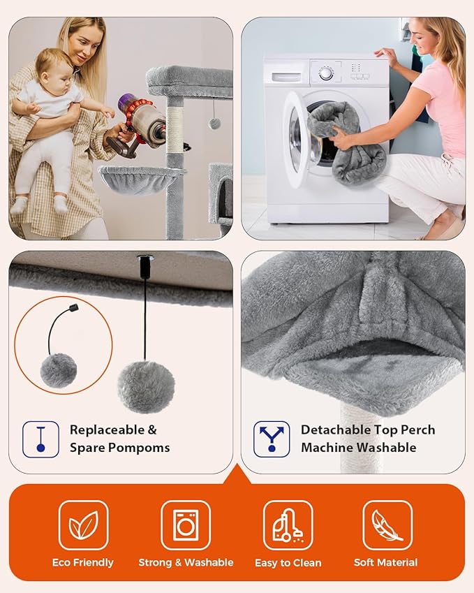 PETEPELA 56.3'' Tall Cat Tree for Indoor Cats, Multi-Level Cat Tower with Super Large Hammock (20''X16''), Sisal Covered Scratching Posts, Cozy Condo and Top Perch Grey-Mewly Pet