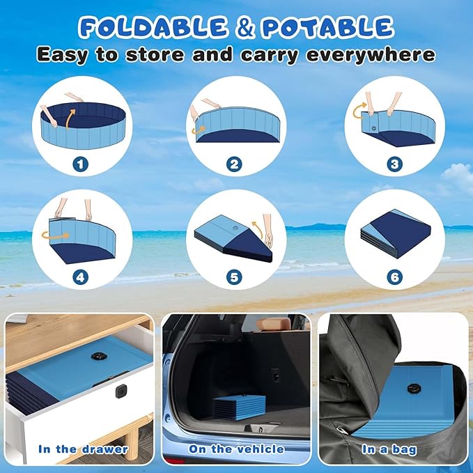Foldable Dog Swimming Pool, Totiro 91"x16" Oversize Collapsable Hard Plastic Portable Bathing Tub for Pet Dog Kiddie Pool Indoor and Outdoor Leakproof PVC Play Pool for Large Dogs Pets Puppy Kids Blue-Mewly Pet