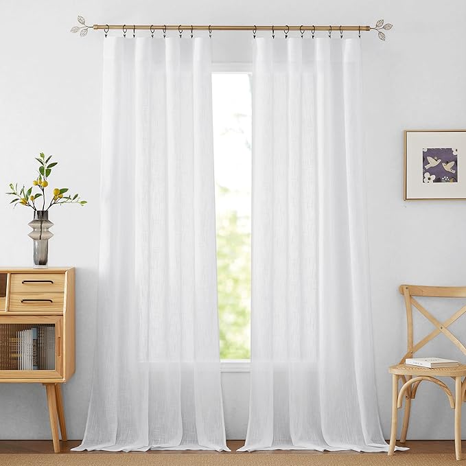 RYB HOME Semi Sheer Curtains 95 inches Long, Thick Privacy Added Line Wave Textured Window Treatments for Living Room Bedroom Sliding Door, White, W 52 x L 95, 2 Panels