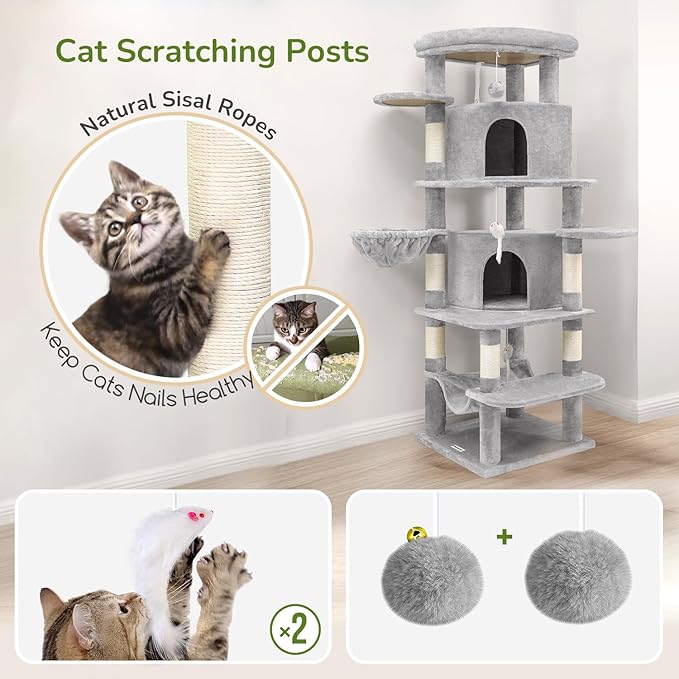 Globlazer Corner Cat Tree for Large Cats, 66inch Tall Curved Series Large Cat Tower for Multiple Indoor Cats with 6 Scratching Posts, 2 Spacious Cat Condos, Hammock, Hanging Basket, C66, Light Grey-Mewly Pet