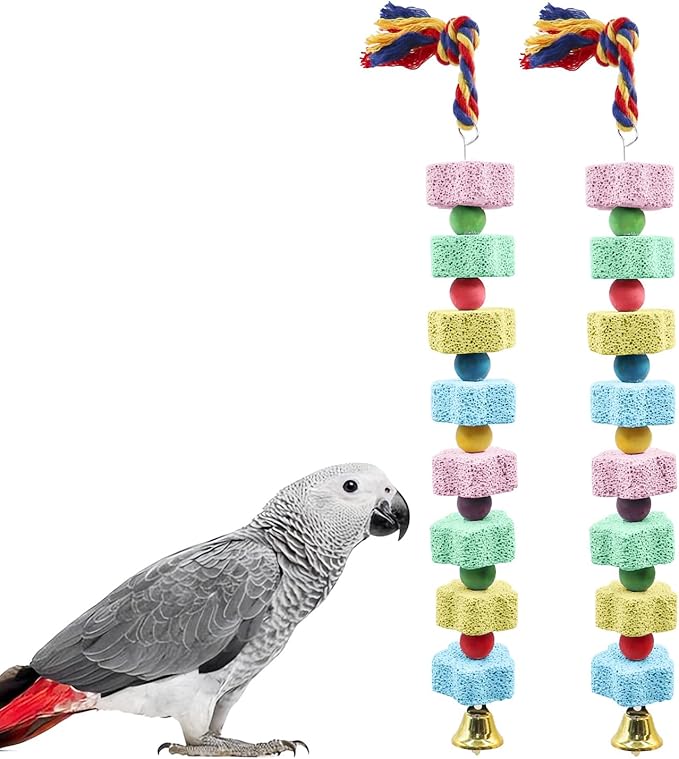 2 Pack Bird Chewing Toy, Colorful Parrot Beak Grinding Calcium Stone with Bells, Cage Accessories for Cockatiels Parakeets Parrots Budgies Lovebirds Rat Hamster Chinchilla Rabbit Bunny African Grey-Mewly Pet