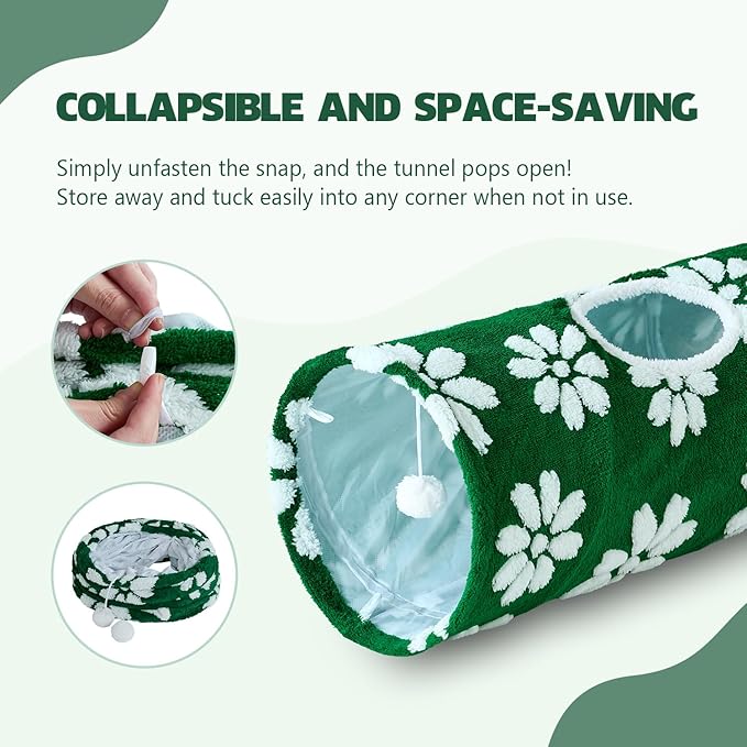 Straight Cat Tunnel for Indoor Cats 47"x12", Cute Cat Toys Collapsible Tunnel Tube with Balls for Puppy Kitten Rabbit, Green Flower-Mewly Pet