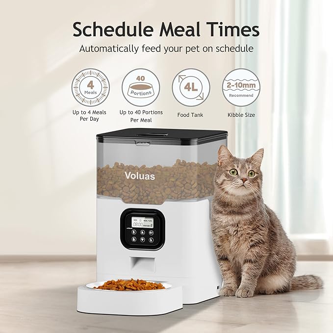 VOLUAS Automatic Cat Feeders - Dry Food Dispenser with Timer, Desiccant Bag, Programmable Portion Size Control 4 Meals Per Day, 10s Voice Recorder-Mewly Pet