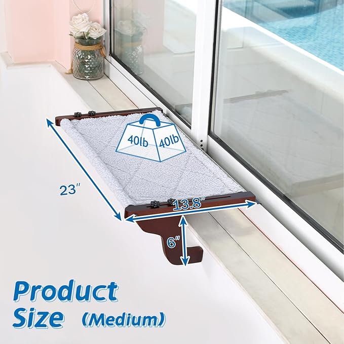 Easy Seat Cat Perch for Window Sill - Hammock Design w/Premium Wood & Robust Metal Frame - Cat Window Seat for Large Cats and Kittens (Dark Stained Wood w/Gray Bed, Medium (23''W x 14''D))-Mewly Pet