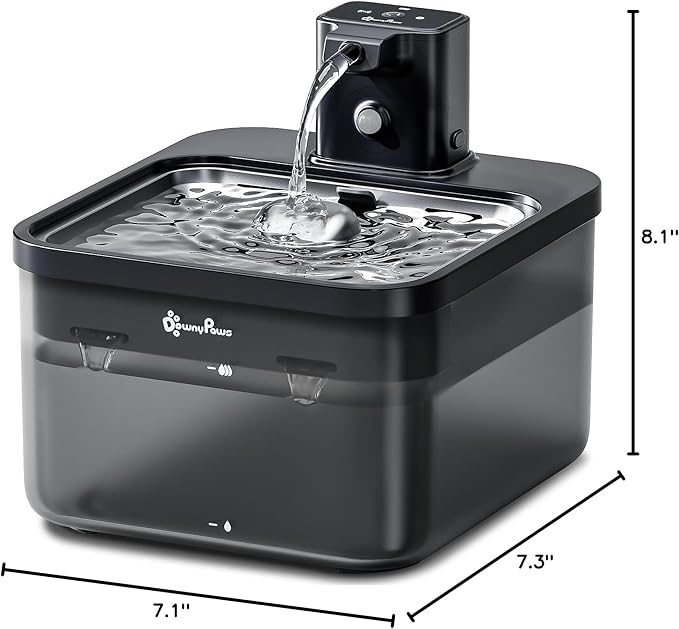 DownyPaws Cat Water Fountain Stainless Steel Cordless, 84oz/2.5L Fursink Wireless Pet Water Fountains for Cats Indoor, Battery Operated Cat Drinking Fountain, Ultra Quiet Pump, BPA-Free, Black-Mewly Pet