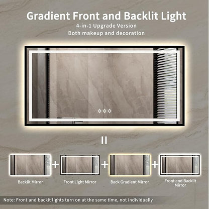 Bathroom Mirrors with Lights, 55x28 Inch Black Framed Gradient Front and Backlit LED Vanity Mirror, 3 Colors Dimmable CRI>90, IP54 Enhanced Anti-Fog Smart Mirror