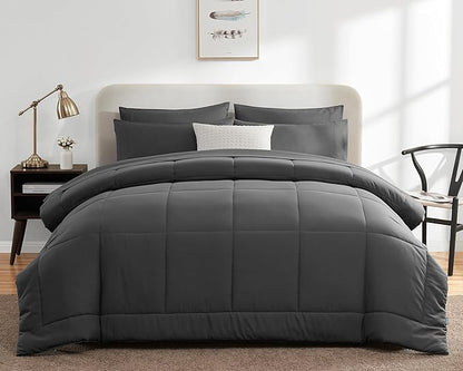 CozyLux California King Comforter Sets Dark Grey, 7 Pieces Cal King Bed in a Bag, All Season Bedding Sets with Stitch Quilted Comforter, Flat Sheet, Fitted Sheet, Pillowcases