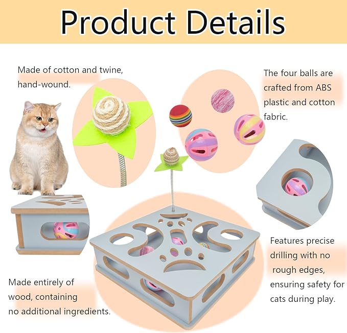 Interactive Wooden Cat Puzzle Toy Box Indoor Hunting Play Toy to Stimulate Your Cat’s Energy and Instincts (Blue)-Mewly Pet