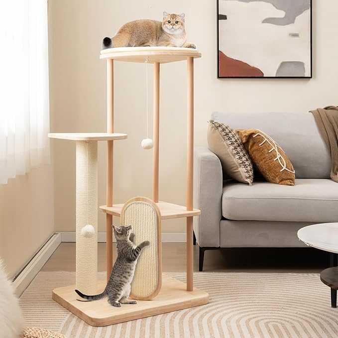Tangkula Wood Cat Tree for Indoor Cats, Multi-Level Modern Cat Tower with Sisal Scratching Board & Post, Padded Perch, Platform, Hanging Toy, Minimalist Kitten Activity Center for Small & Medium Cats-Mewly Pet