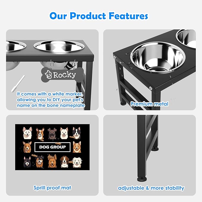 Elevated Dog Bowls, 10" Tall Height, Raised Bowl Stand with 2 Stainless Steel Food Feeder Bowls (58oz) and Spill-Proof Mat for Medium Large and Small Breeds-Mewly Pet