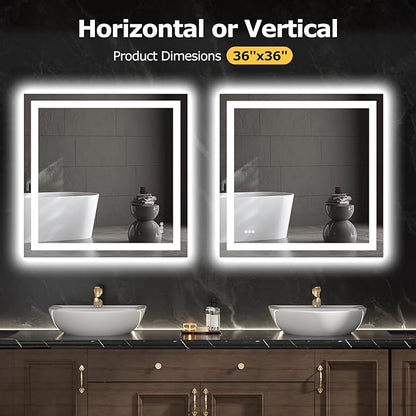 36X36 LED Bathroom Mirror with Lights, Anti-Fog, Dimmable, Backlit + Front Lit, Smart Bathroom Vanity Mirror, Memory Function, Shatterproof, Tempered Glass (Horizontal/Vertical)