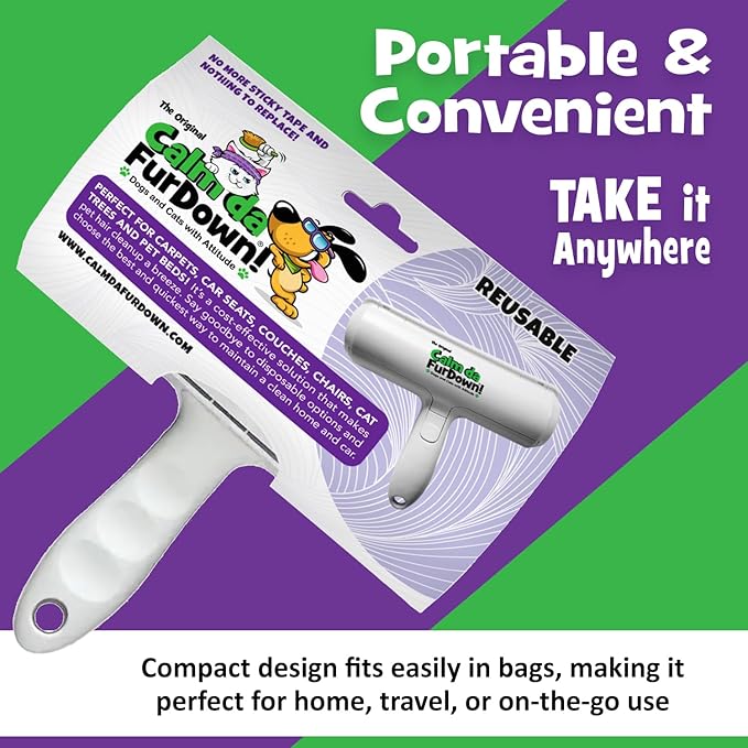 Calm Da Fur Down Pet Hair Remover Reusable Roller - Portable Effective Dog & Cat Hair Remover- Pet Lint Roller Extra Sticky for Couch, Cat Trees, Dog beds, Carpet, Bedding, Car, Home Fur Removal Tool-Mewly Pet