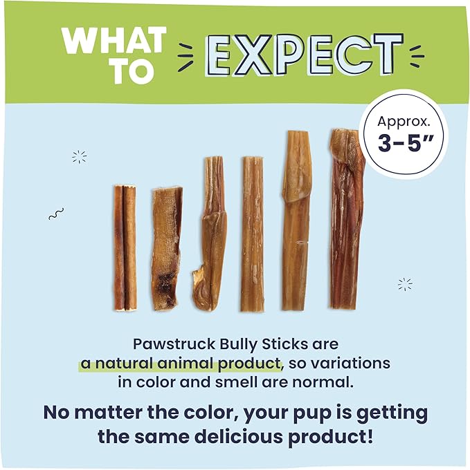 Pawstruck Natural 3–5" Bully Sticks for Small Dogs and Puppies – Single Ingredient, Low-Odor, Rawhide-Free Chew Treat – 100% Real Beef, No Artificial Preservatives – 8 oz Bag – Packaging May Vary-Mewly Pet