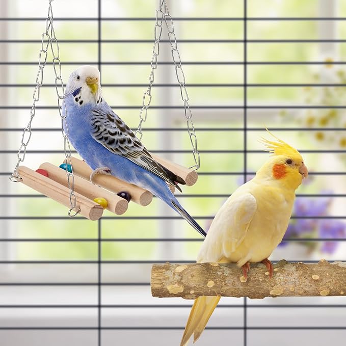 Bird Perches for Cage 6pcs Natural Bird Stand Branch for Cage with Hanging Bridge, Parrot Swing Toys Chewing Climbing Standing Branches Wood Pole Paw Grinding Fork Parakeet Platform-Mewly Pet