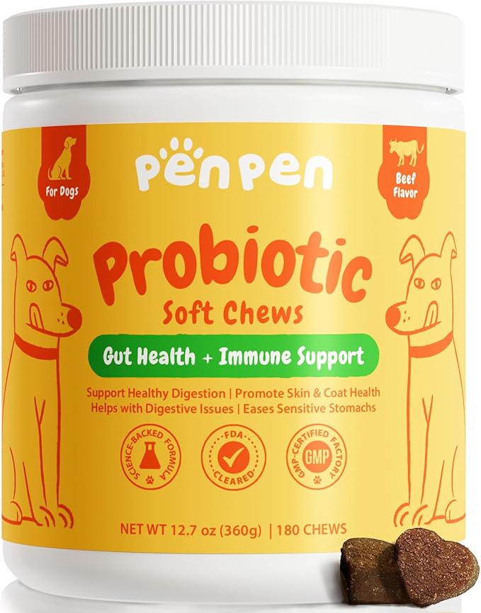 Penpen Probiotics for Dogs, Dogs Probiotics for Digestive Health, Multi-Probiotic and Enzyme Blend Promote Gut Health & Immune Support, Eases Sensitive Stomachs (Beef Chews, 180ct)-Mewly Pet