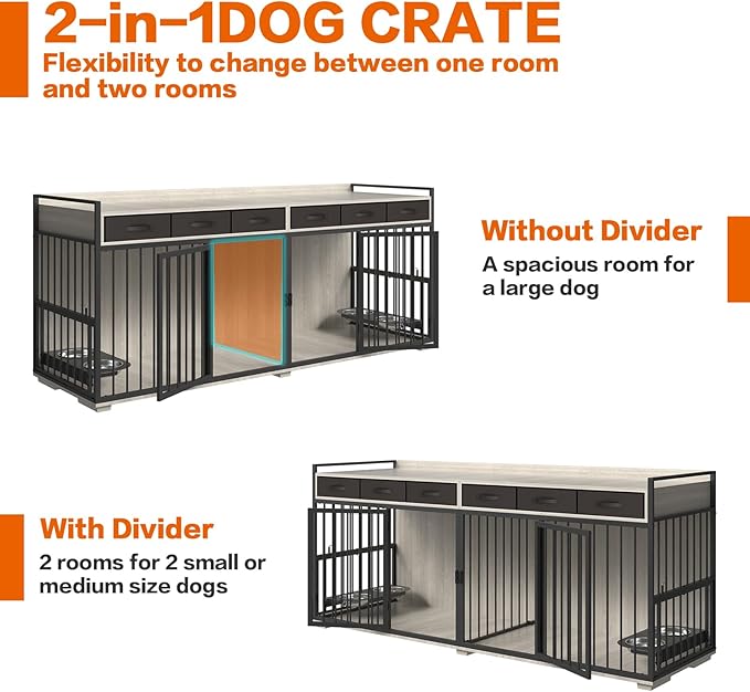 86.6inch Dog Crate Furniture with Storage,Furniture Style TV Stand Dog Kennel for 2 Dogs,with 6 Drawers,Removable Divider&Adjustable Bowls,Heavy Duty Metal Chew-Resistant Dog Crate Furniture-Mewly Pet