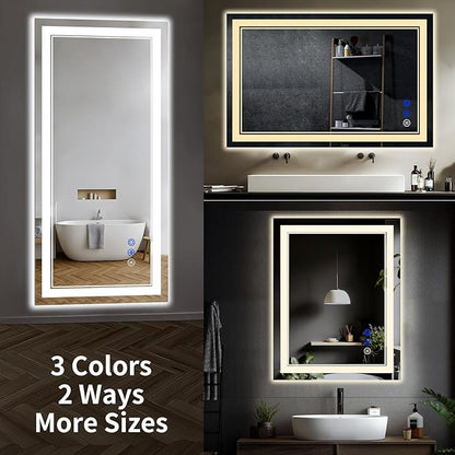 42"x24" LED Bathroom Mirror with Anti-Fog, Stepless Dimmable Lights, 3 Color Modes, Shatter-Proof Tempered Glass, Memory Function & Waterproof Design
