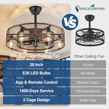 DLLT Caged Ceiling Fan with Lights: 26" Bladeless Fandelier with Light and Remote - Walnut Industrial Chandelier Fan Light for Bedroom Living Dining Room Kitchen