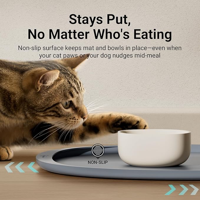 DownyPaws Dog Food Mats for Floors Waterproof, BPA Free Silcone Dog Bowl Mat, Non-Slip Pet Feeding Mat with High Raised Edge, Cat Placemat for Messy Drinkers, 24"×17", Light Gray-Mewly Pet