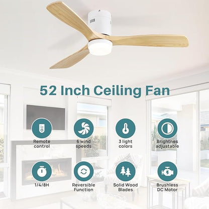 Sofucor 52 Inch Natural Wood & White Smart Ceiling Fans with Light Flush Mount Low Profile Modern Outdoor Solid Wood Ceiling Fan with Alexa/Google/APP/Remote Control for Bedroom/Farmhouse/Patio/Indoor
