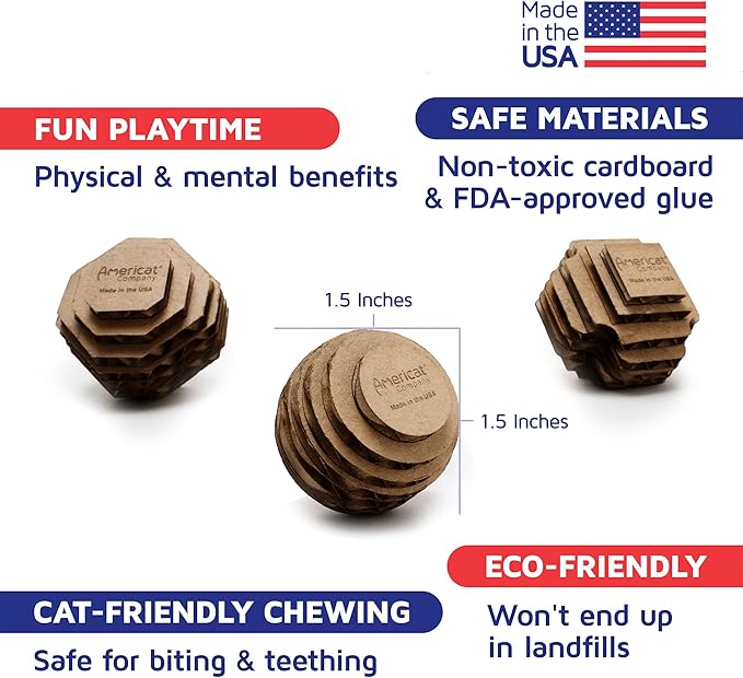 Cat Ball Toys by Americat – Made in USA – Safe Cardboard Cat Toys – for Interactive and Independent Play, Exercise & Stress Relief for All Breeds & Ages (Variety Pack of 3 Balls)-Mewly Pet