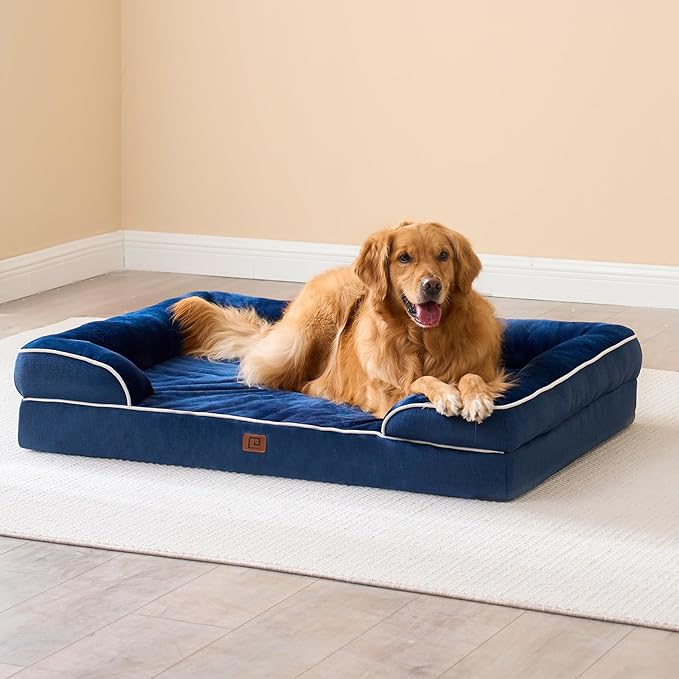 EHEYCIGA Orthopedic Dog Beds for Extra Large Dogs, Waterproof Memory Foam XL Dog Bed with Sides, Non-Slip Bottom and Egg-Crate Foam Big Pet Couch Bed with Washable Removable Cover, Navy-Mewly Pet