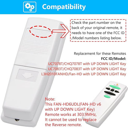 Replacement Remote for Hampton Bay Ceiling Fan Remote Control,with Up Down Light Control Dimmer 3-Speed, for UC7078T CHQ7078T UC7083T CHQ7083T L3H2010FANHD Fan-HD6UDL(Remote Only)
