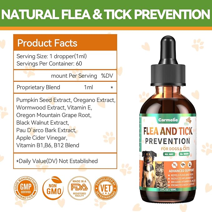 Oral Flea and Tick Support for Dogs and Cats, Natural Dog Flea and Tick Defense, Cat Flea Drops Supplements with Vitamin for Pets - All Breeds and Ages - Bacon-Mewly Pet