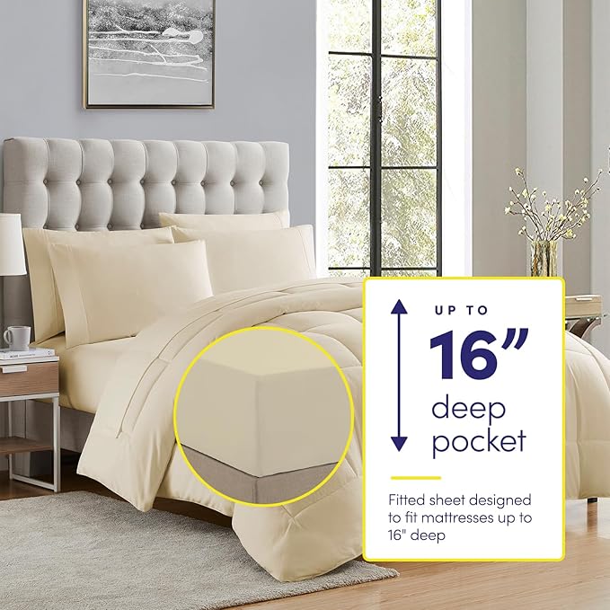 King Size Comforter Set with Sheets - 7-Piece Bedding Collection - 1 Comforter, 1 Fitted Sheet, 1 Flat, 4 Pillowcases - Deep Pocket - Soft & Breathable Premium Quality - Ideal for All Seasons, Beige