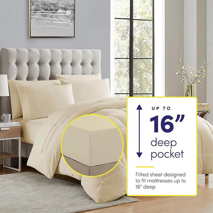 Sweet Home Collection 7 Piece Comforter Set Bag Solid Color All Season Soft Down Alternative Blanket & Luxurious Microfiber Bed Sheets, Beige, Full