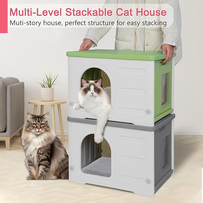 Rockever Plastic Cat House Outdoor with Escape Door, Waterproof Feral Cat House Outdoor Indoor, Sturdy Cat House for Outdoor Cats with Cat Bed Mat, Assemble Easily-Grey-Mewly Pet