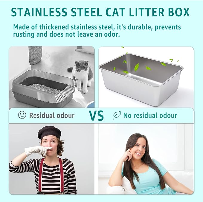 Stainless Steel Litter Box 2 Pack,Metal Litter Box for Cat Easy to Clean,Medium Cat LitterBox for Cats/Kitty/Rabbit,Metal Cat Toilet for Kitten,Non Stick, No Smell,17.7" L x 13.8" W x 6" H-Mewly Pet