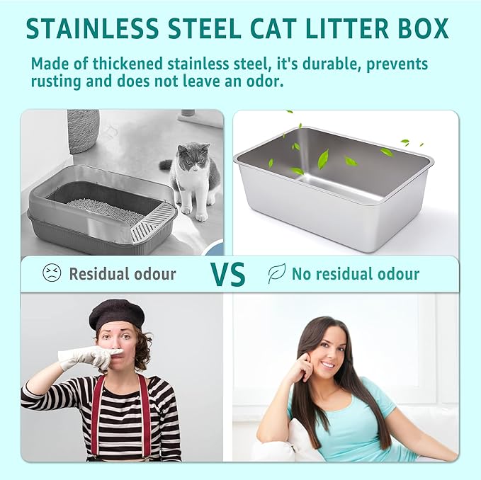 Stainless Steel Litter Box -6in High Side,Metal Litter Box for Cat/Kitty/Rabbits 17" L x 13.8" W x 6" H，Stainless Steel Cat LitterBox-Metal PanToilet,No Smell, Non Stick, Easy Clean.-Mewly Pet