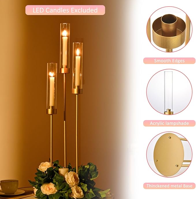 Vincidern 4pcs Gold Candelabra 3 Arm Taper Candle Holders with Acrylic Shades, Decorative Metal Candlestick Holders for Wedding Table Centerpiece, Halloween,Christmas, Party, Events Decor