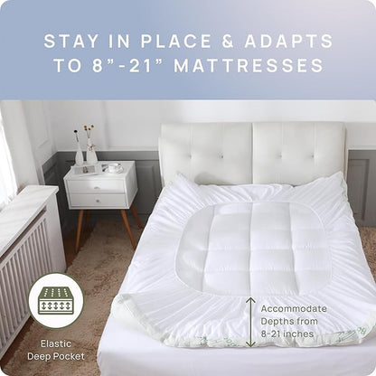 Cooling Mattress Topper - Short Queen Size | Plush Pad Mattress Topper for Back Pain Relief, 8-21" Deep Pocket | Viscose Made from Bamboo Pillow Top | Camper Bed Essentials | 60 x 75 Inch