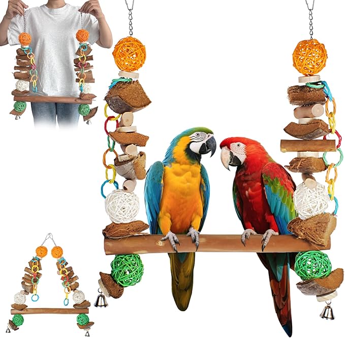 3-in-1 Parrot Toys Natural Coconut Fiber Parrot Hammock (Swing + Perch + Chew Toy) Natural Bird Perches for Medium Large Birds - 23" Bird Toys for Parrots Stand-Mewly Pet