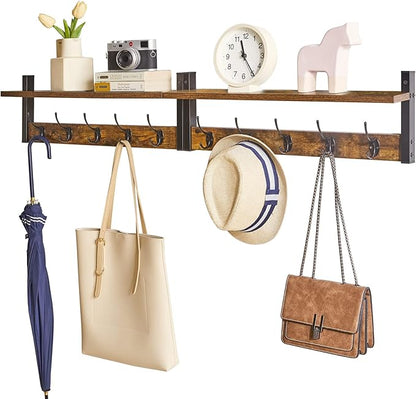 YMYNY Coat Rack Wall Mount with Shelf, 2 Pack 23.6" Coat Hooks Coat Hanger Wall Mount, Wall Hooks for Hanging, Hat Rack for Wall, Towel Hooks for Bathrooms, Rustic Brown UHWS004H-2